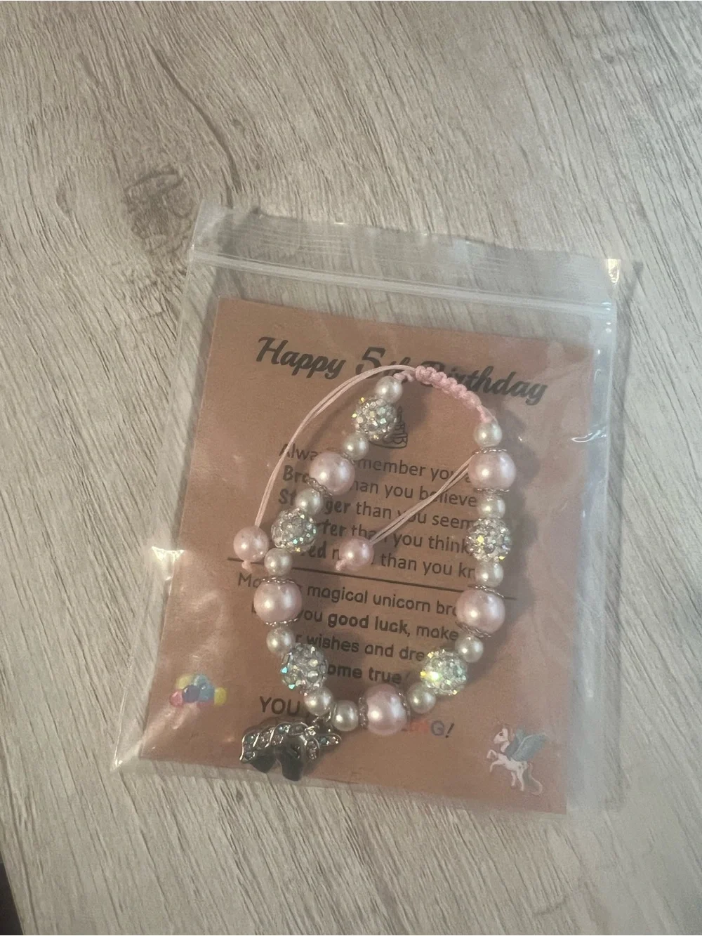 Happy 5th birthday unicorn charm bracelet pearl rhinestone adjustable gift nip